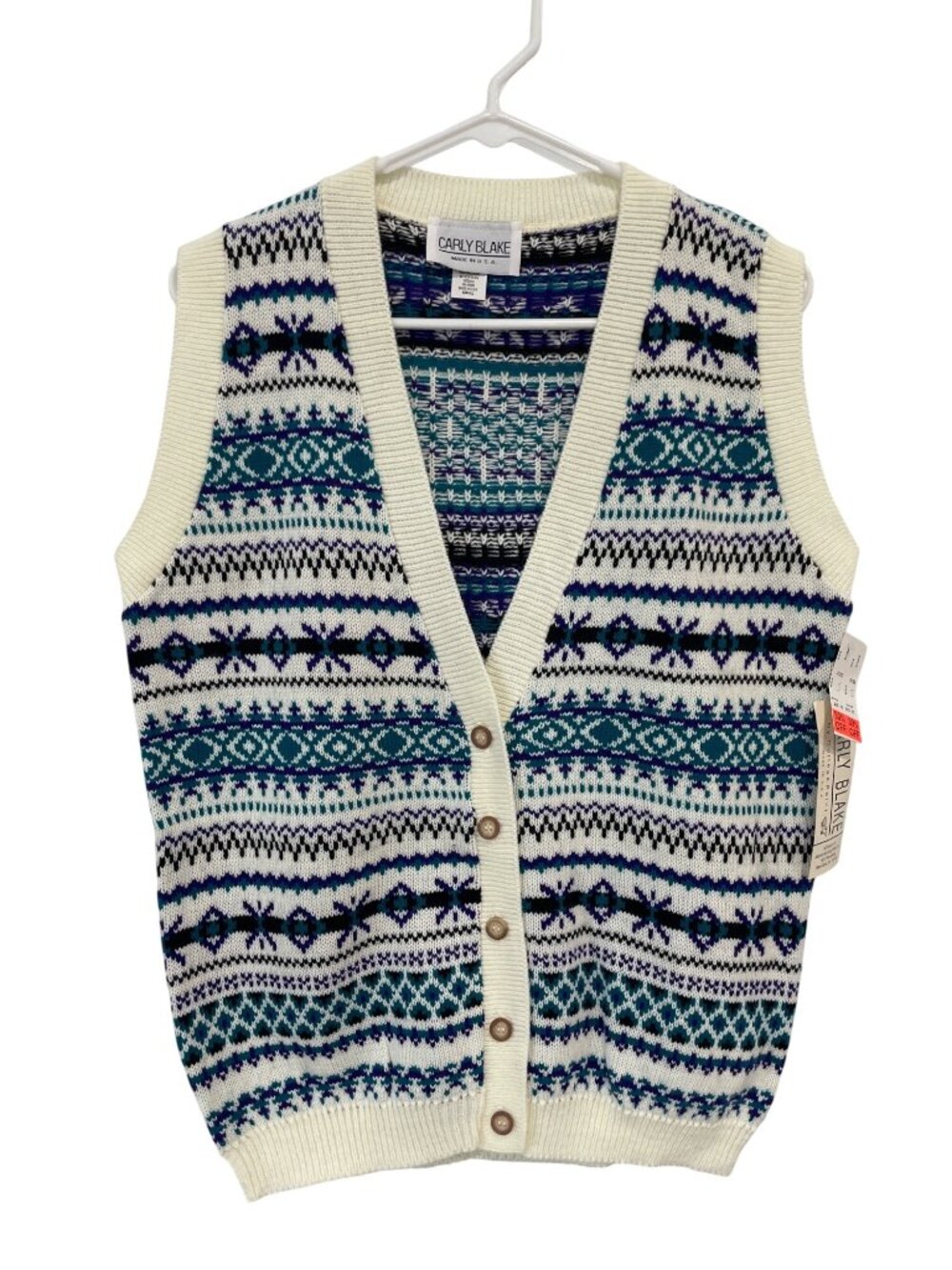 Vintage 90s Carly Blake Sweater Vest Small Fair Isle Button Front Deadstock NEW
